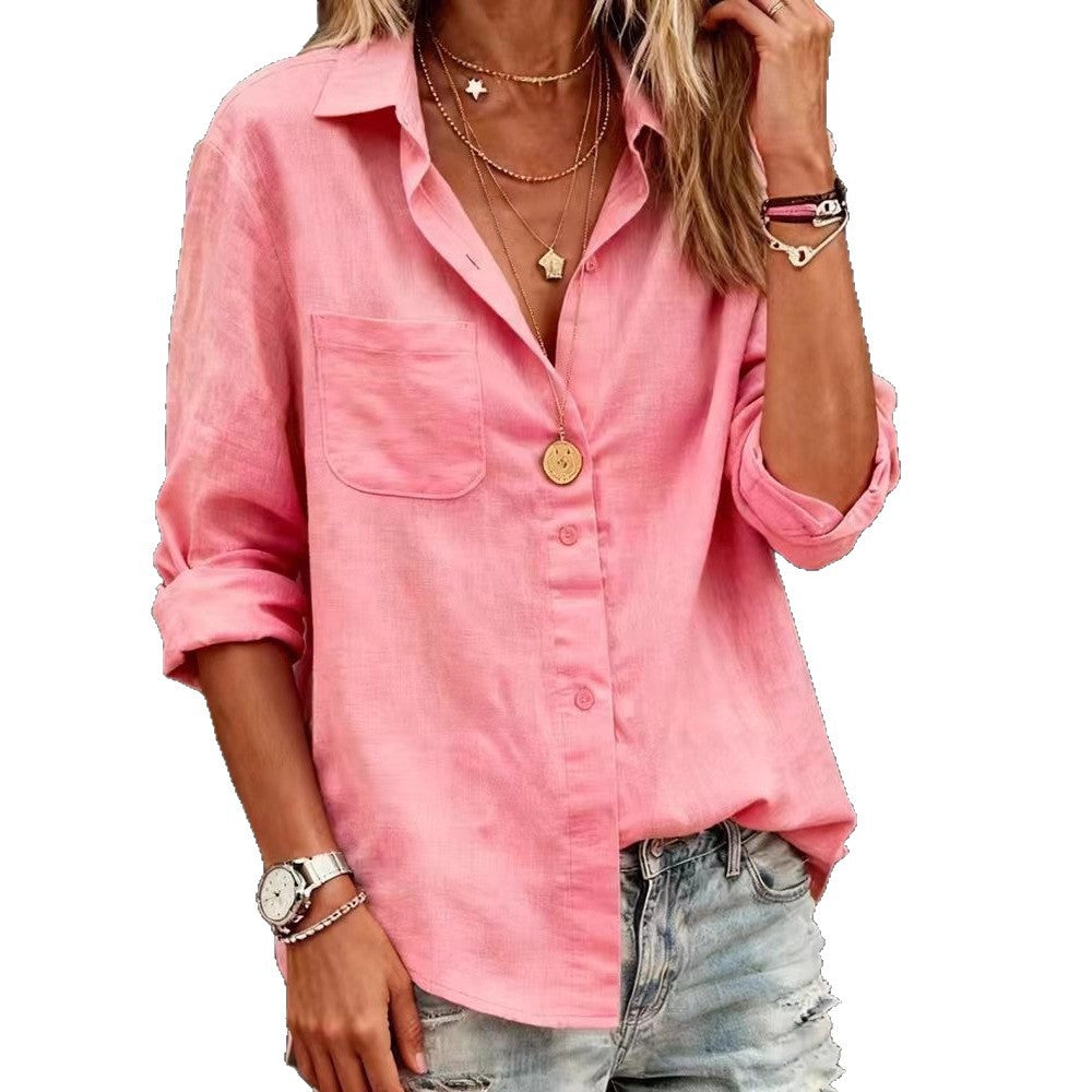 Ladies linen blouse with casual cut and practical breast pocket Mune Fashion