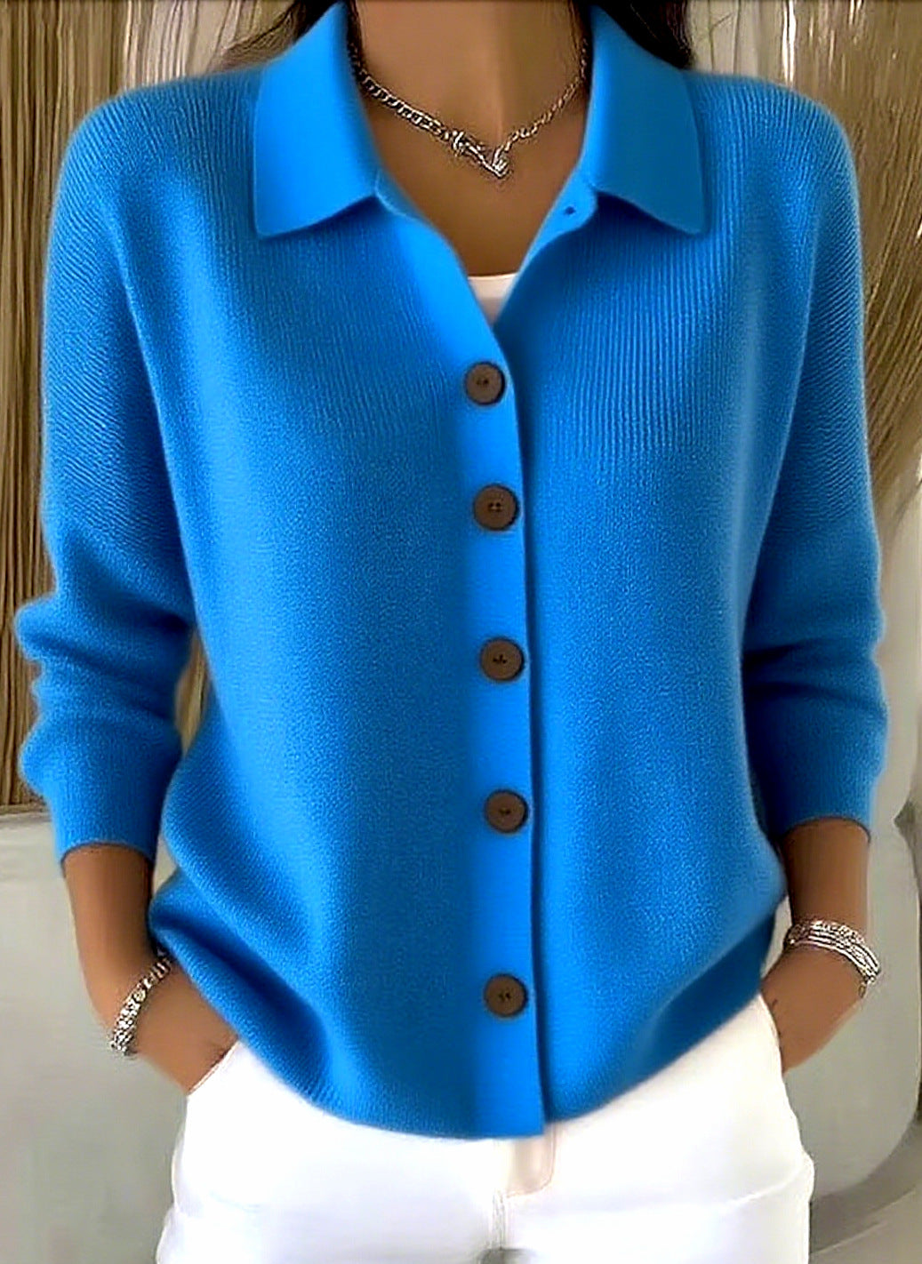 Women's fine knit cardigan with shirt collar and full button placket Mune Fashion