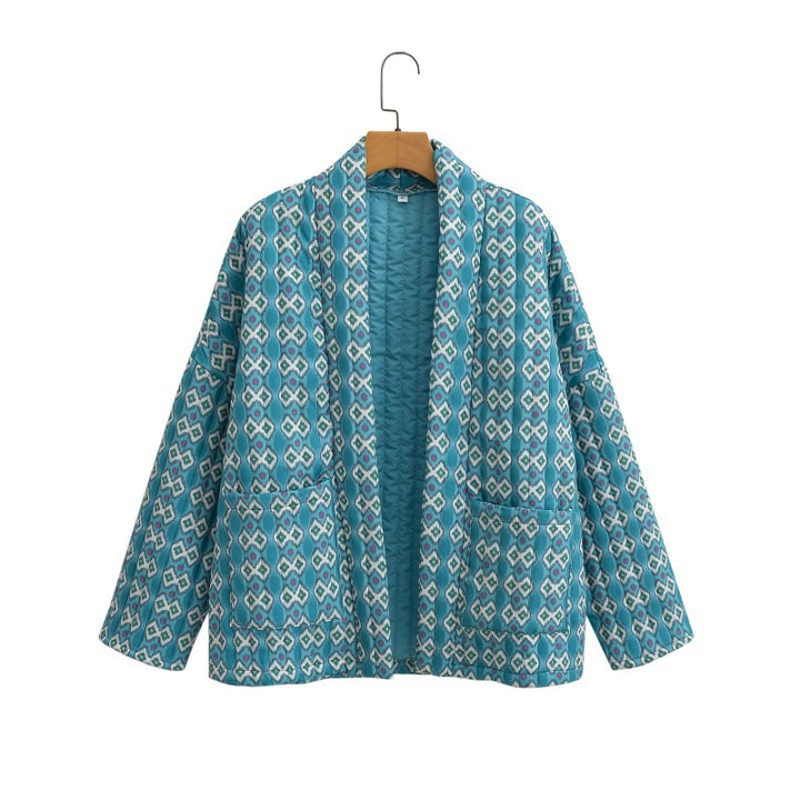 Women Patterned Quilted Kimono Jacket with Patch Pockets Mune Fashion