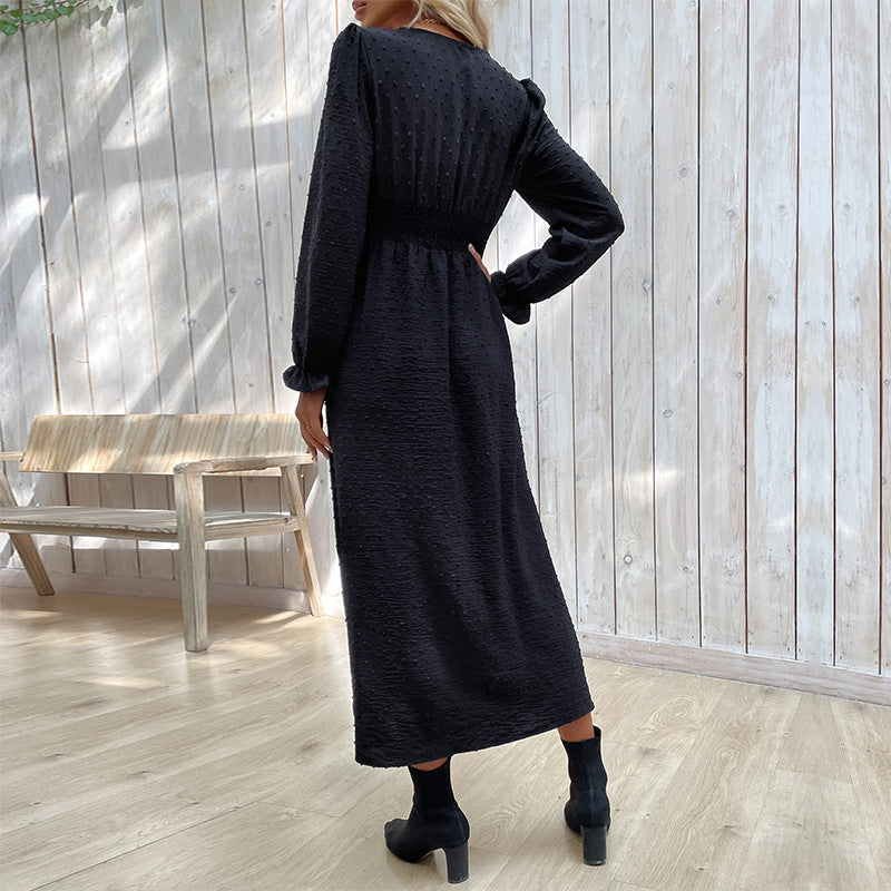 Ladies midi dress with structured dot look, V-neck and tailored empire cut Mune Fashion
