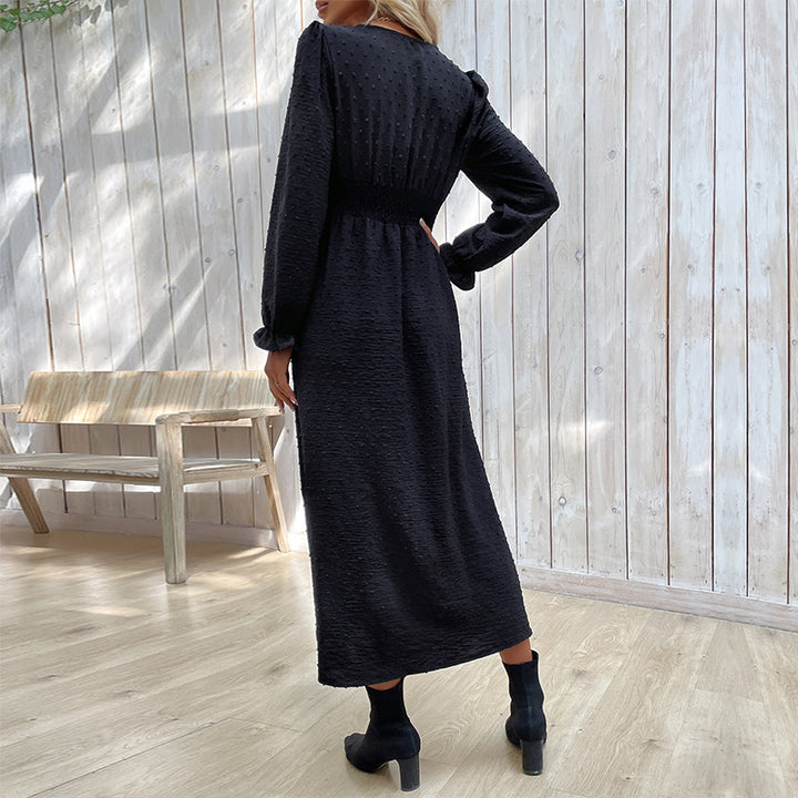 Ladies midi dress with structured dot look, V-neck and tailored empire cut Mune Fashion