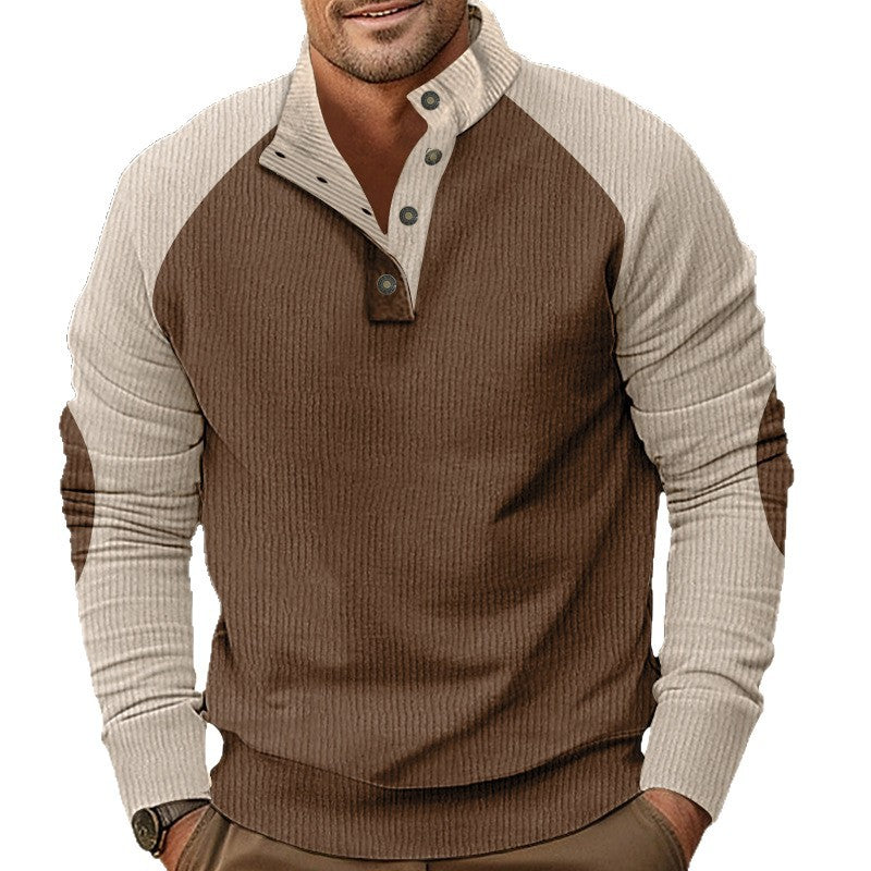 Men's Waffle Structure Henley Pullover with Stand Collar and Button Placket Mune Fashion