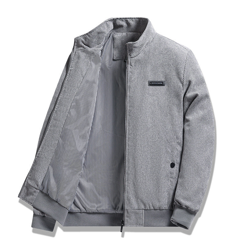 Men's fine corduroy jacket with stand-up collar, striped lining, and concealed snap pockets.