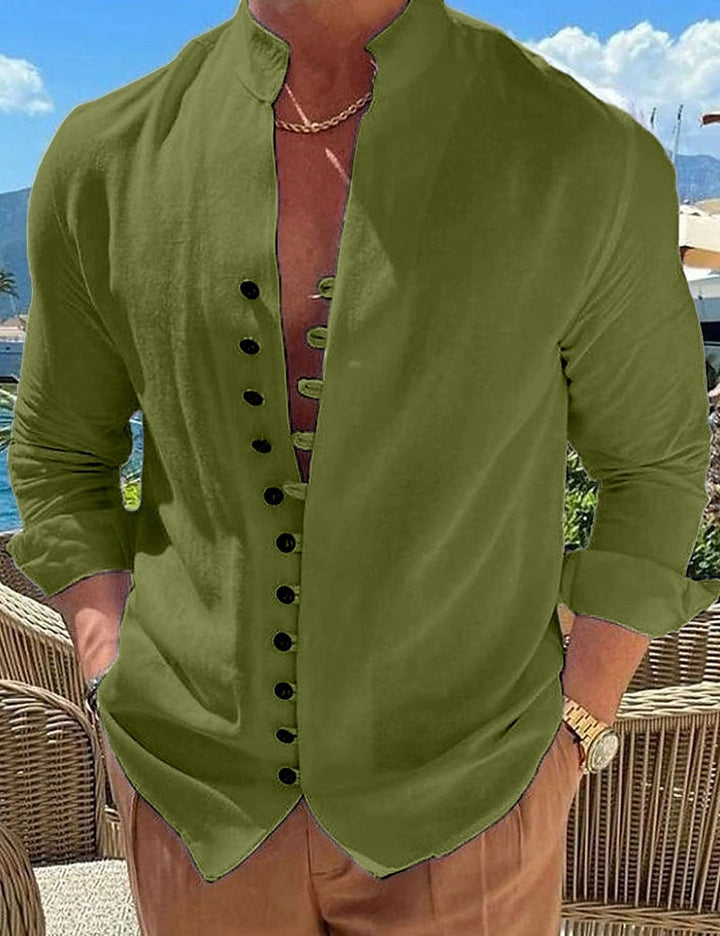 Men's linen look summer casual shirt with stand-up collar, decorative button placket, and roll-up sleeves Mune Fashion