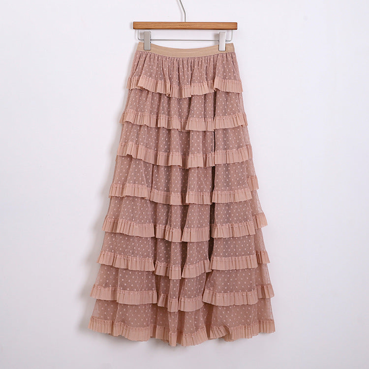 Women's multi-layered midi skirt with polka dot chiffon ruffles and elastic comfort waistband Mune Fashion
