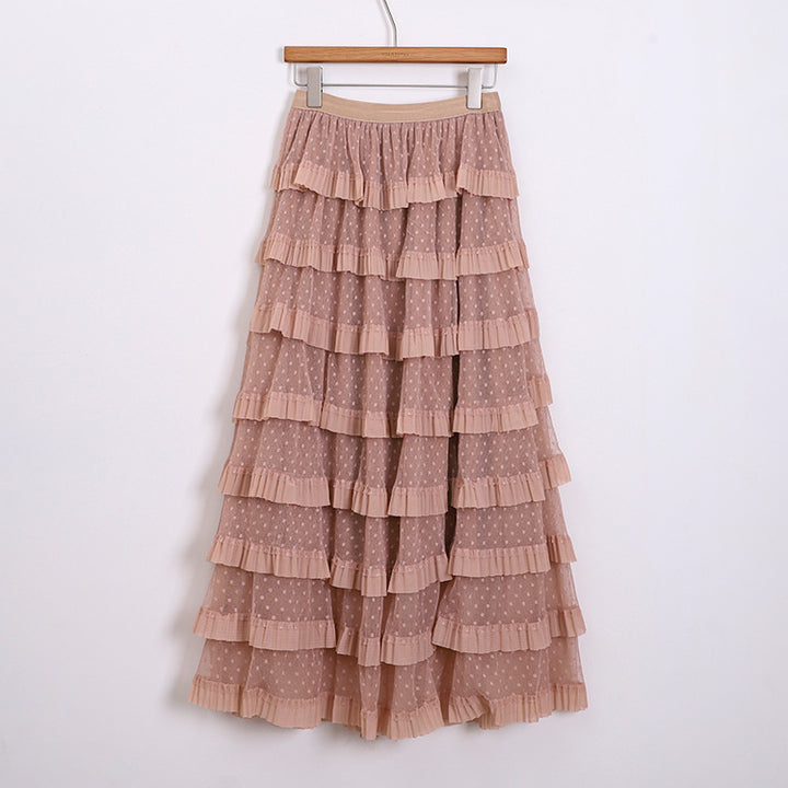 Women's multi-layered midi skirt with polka dot chiffon ruffles and elastic comfort waistband Mune Fashion