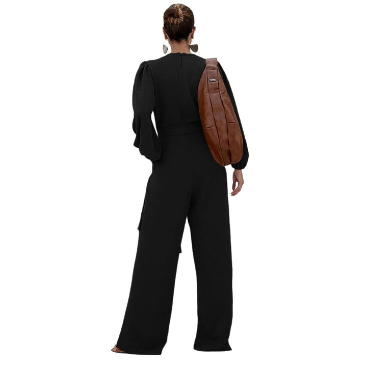 Women's Elegant Palazzo Jumpsuit with Deep V-Neck, Tie Belt and Balloon Sleeves Drune