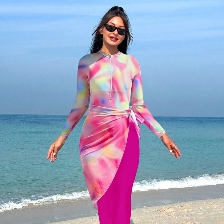 Ladies Sporty Long Sleeve Swimsuit with Wrap Skirt Mune Fashion