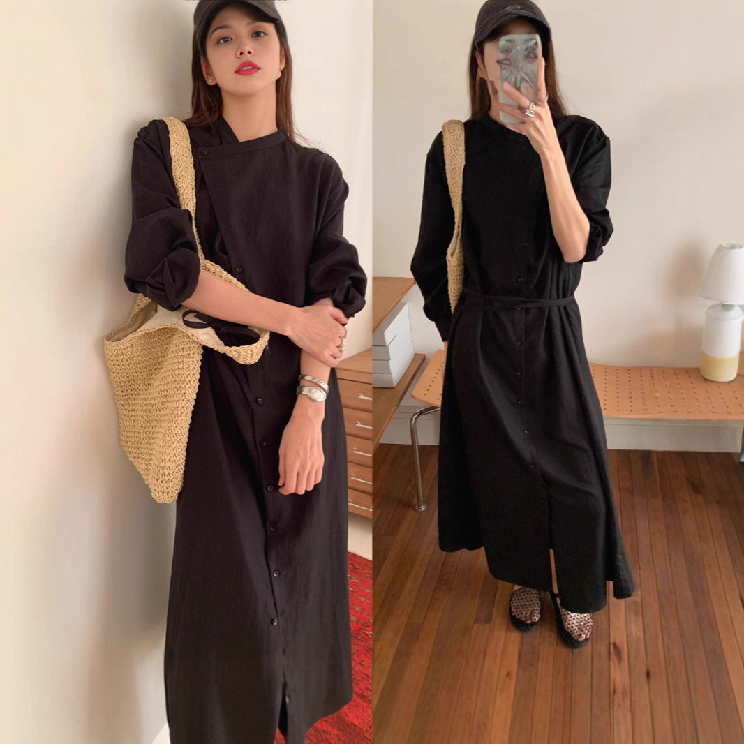 Women Long Shirt Dress with V-neck, full-button placket, and waist belt Mune Fashion