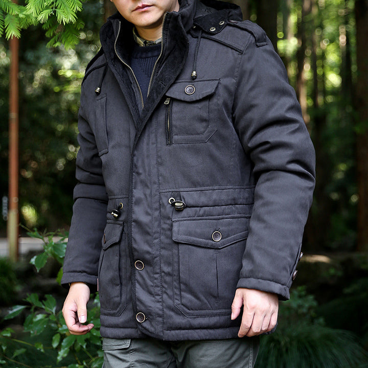 Men's quilted field parka with hood, shoulder flaps and multifunctional pockets