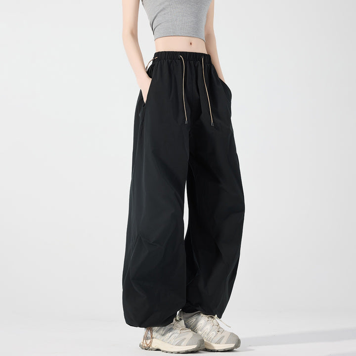Women's Wide Nylon Baggy Pants with Elastic Drawstring Waistband & Utility Pockets Mune Fashion