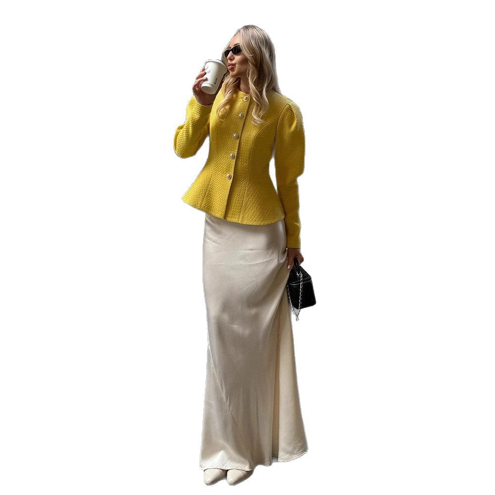 Women Tailored Bouclé Peplum Blazer with Decorative Buttons Mune Fashion