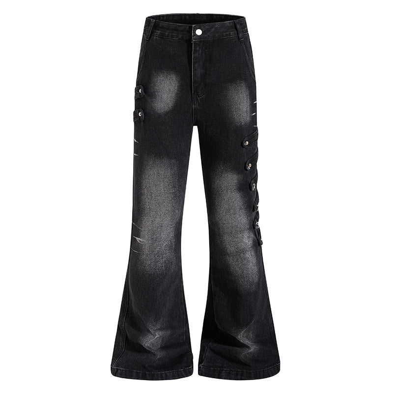 Ladies Wide Jeans Pants with Used Effect and Side Decorative Button Strips Mune Fashion