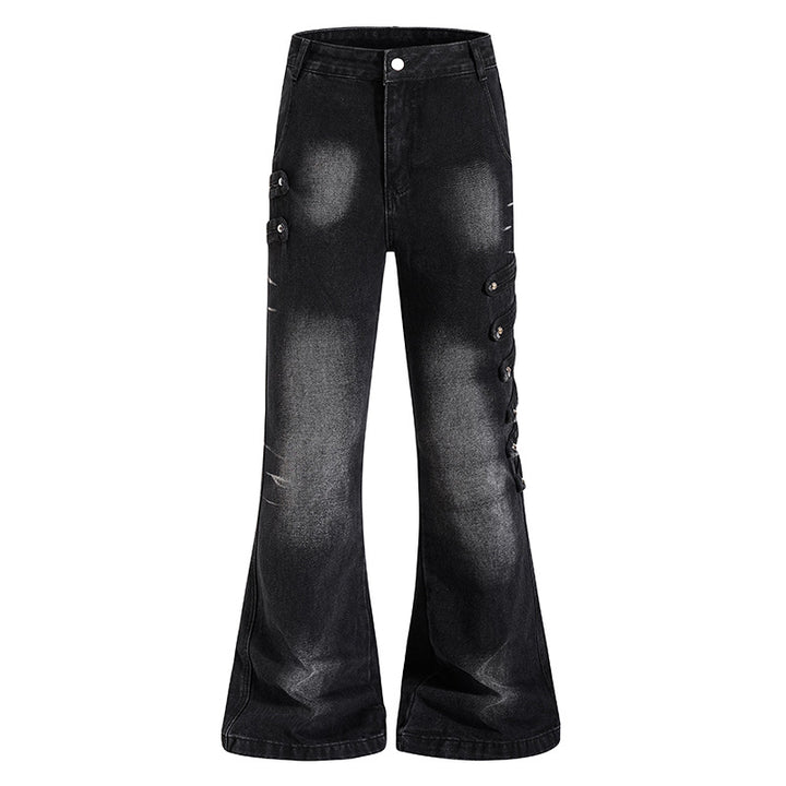 Ladies Wide Jeans Pants with Used Effect and Side Decorative Button Strips Mune Fashion