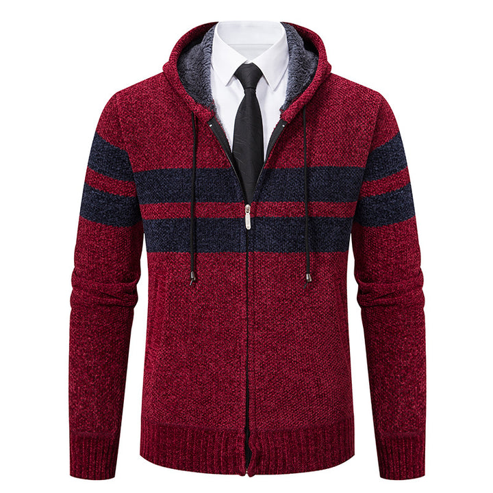 Men's knitted hoodie jacket with teddy lining, concealed zipper and contrast stripes Mune Fashion