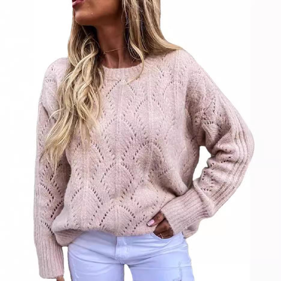 Women Oversize Ajour Knit Sweater with Round Neck Mune Fashion