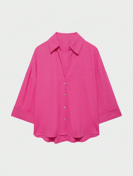 Women's Lightweight Oversized Linen Look Blouse with Three-Quarter Sleeves and Full Button Placket Mune Fashion