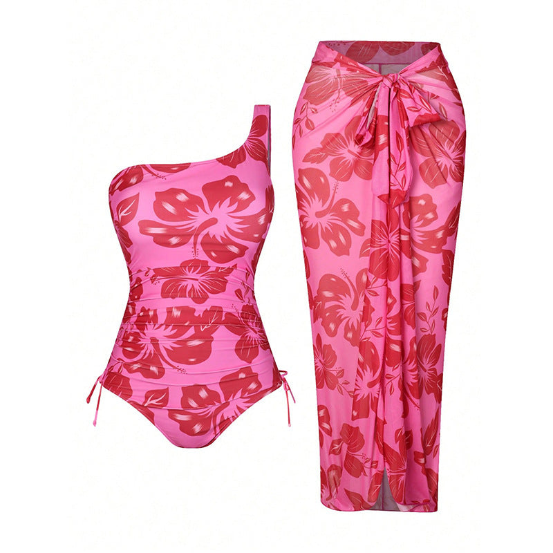 Women's One-Piece Swimsuit with Asymmetrical Strap and Matching Wrap Skirt Mune Fashion