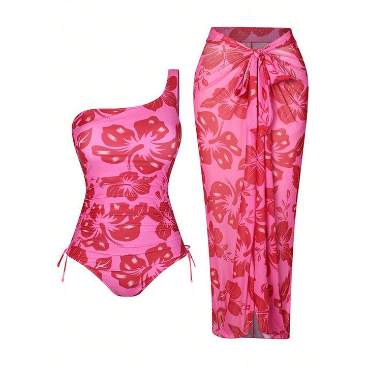 Women's One-Piece Swimsuit with Asymmetrical Strap and Matching Wrap Skirt Mune Fashion