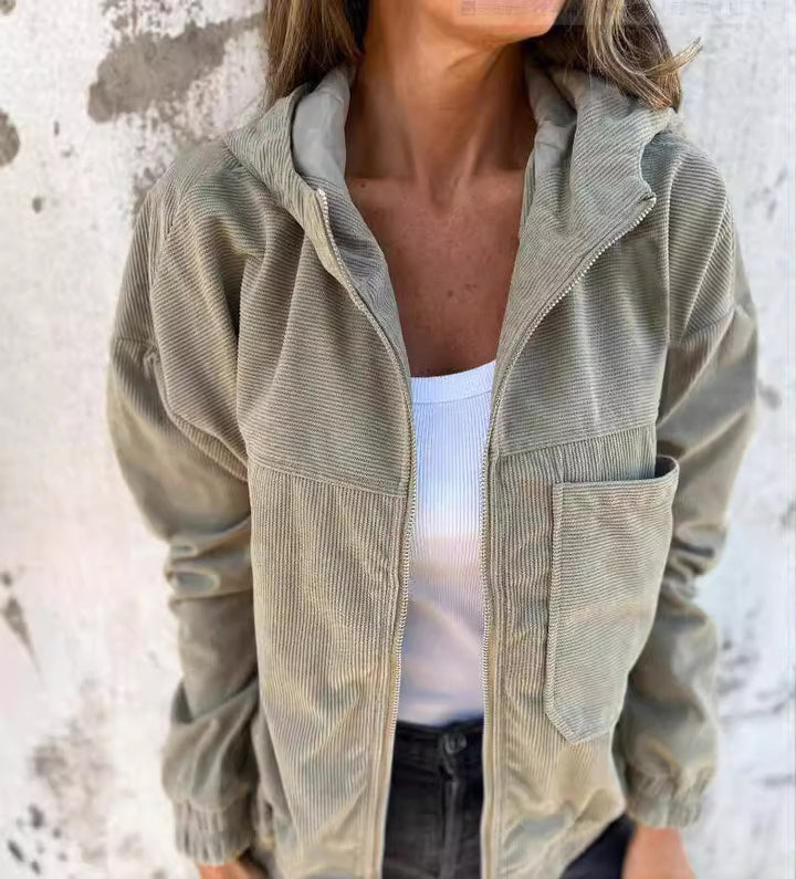 Women's fine corduroy transitional jacket with hood, zipper, elastic cuffs, and side insert pockets Mune Fashion