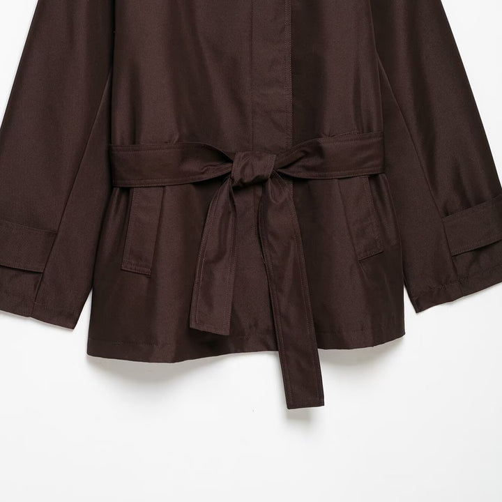 Women's Short Tailored Rain Jacket in Trench Style with Stand Collar and Tie Belt Mune Fashion