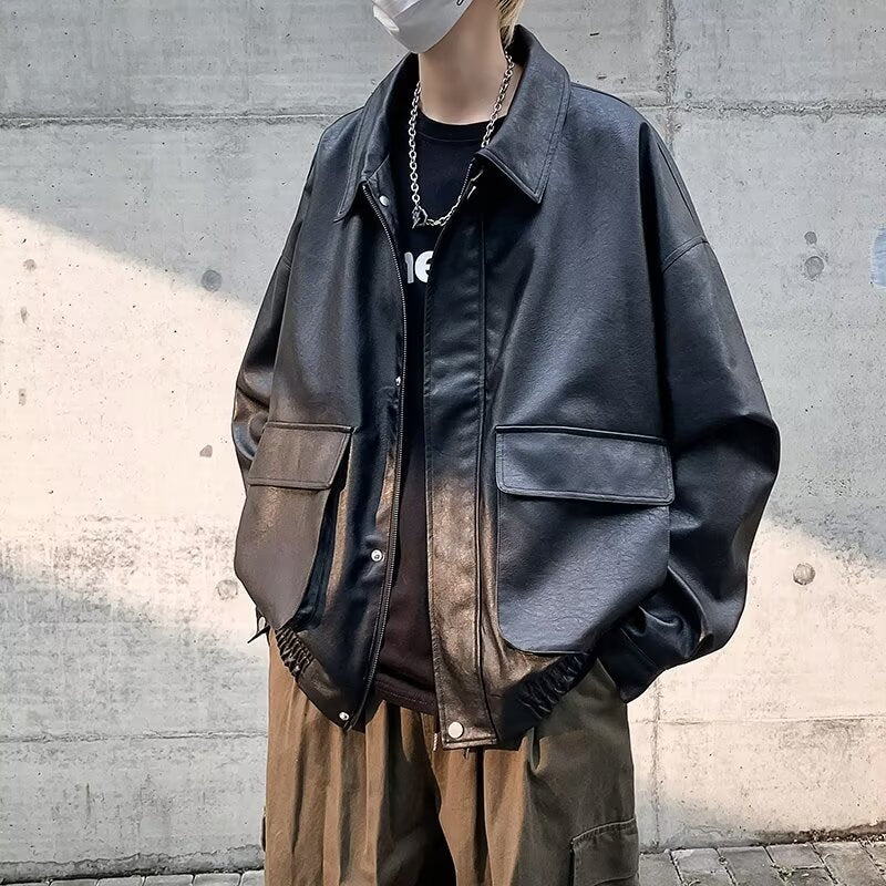 Men's Boxy Overshirt in Leather Look with Shirt Collar and Patch Breast Pockets Mune Fashion