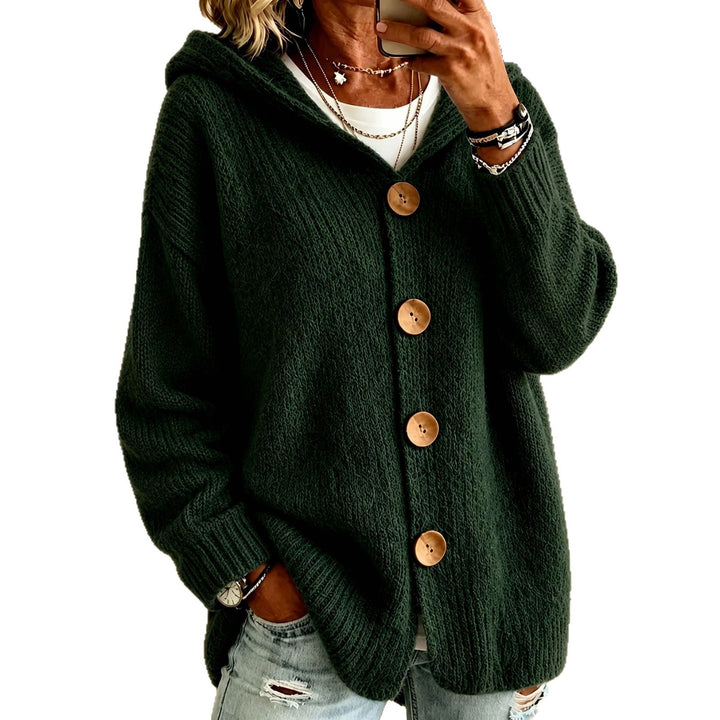 Women's chunky knit hooded cardigan with oversized silhouette, wooden button placket and ribbed cuffs Mune Fashion