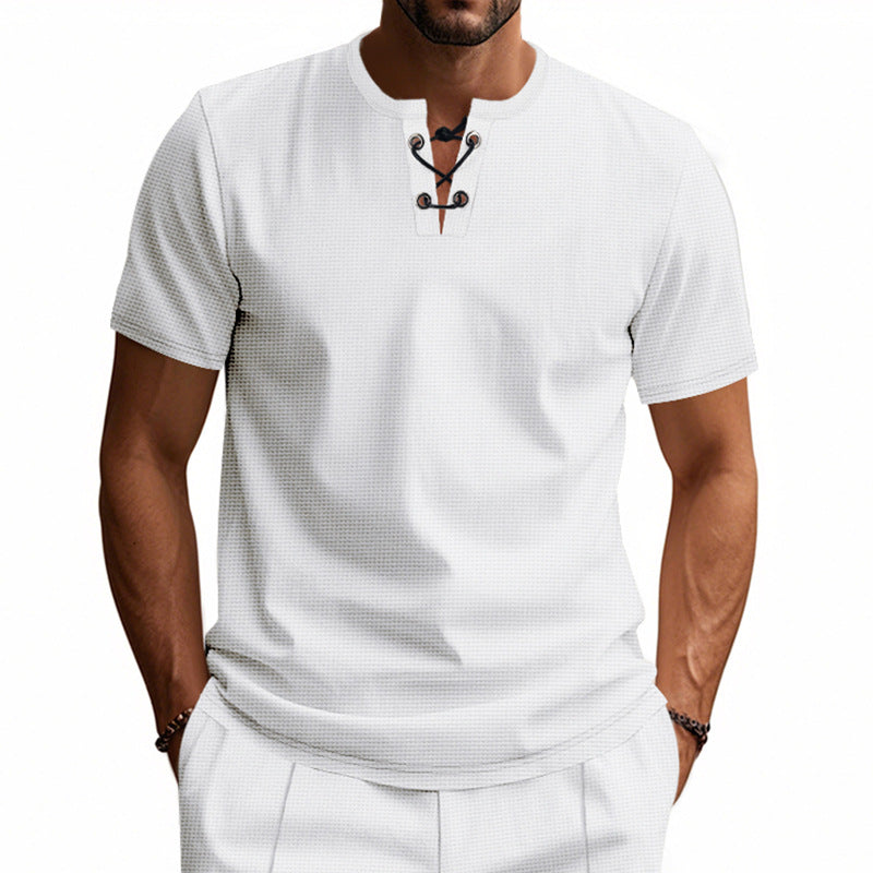 Men's short-sleeve shirt with lacing at the neckline and waffle texture Mune Fashion
