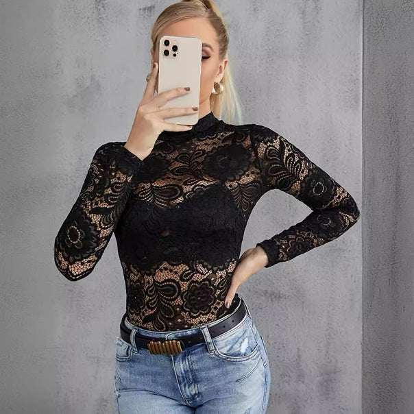 Ladies' figure-hugging lace long sleeve with standing collar and floral openwork pattern Mune Fashion