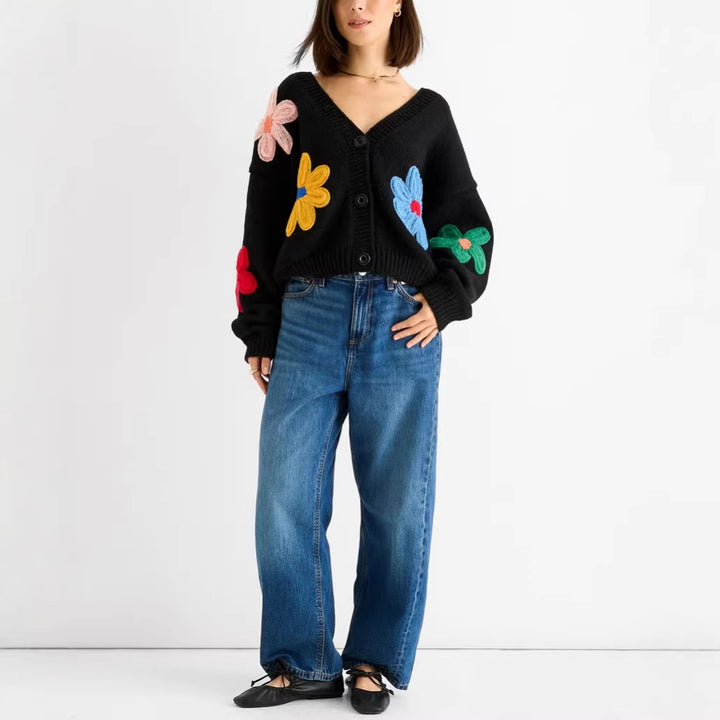 Women's cardigan with three-dimensional flower appliqués and V-neck Mune Fashion