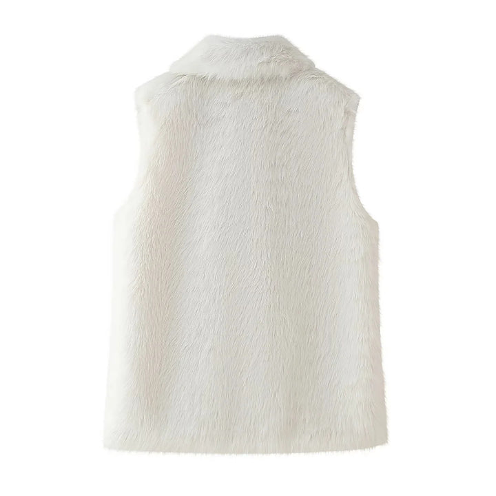 Women’s sleeveless faux fur vest with wide shawl collar, concealed snap button placket and warming lining Mune Fashion