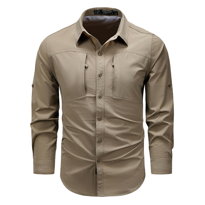 Men's lightweight technical outdoor shirt with roll-up sleeves, chest pockets, and breathable ripstop fabric