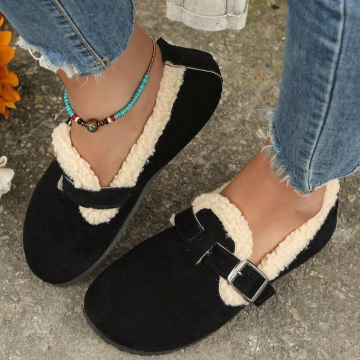 Women Fleece-Lined Suede-Look Slippers with Teddy Collar, Adjustable Buckle Strap and Non-Slip Profile Sole Mune Fashion
