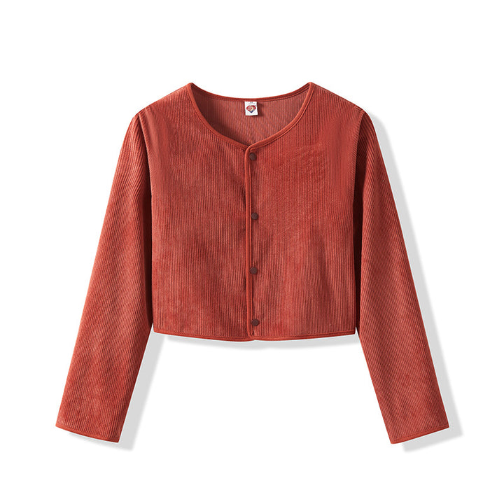 Women Cropped Round Neck Cardigan with Press Buttons made of Ribbed Knit Mune Fashion
