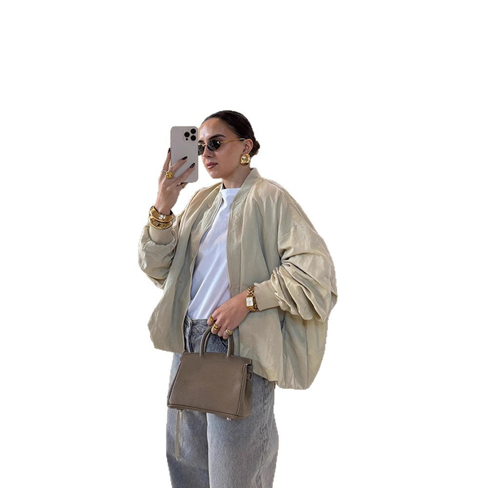 Women Oversize Bomber Jacket with drawstring, ribbed cuffs and lightweight nylon finish Mune Fashion