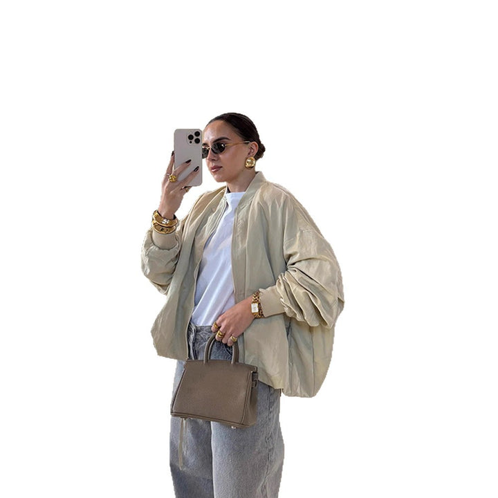 Women Oversize Bomber Jacket with drawstring, ribbed cuffs and lightweight nylon finish Mune Fashion