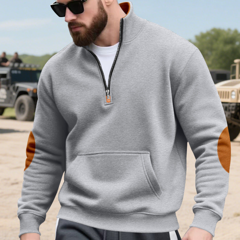 Men's half-zip sweatshirt with stand-up collar, kangaroo pocket, and contrasting elbow patches Mune Fashion