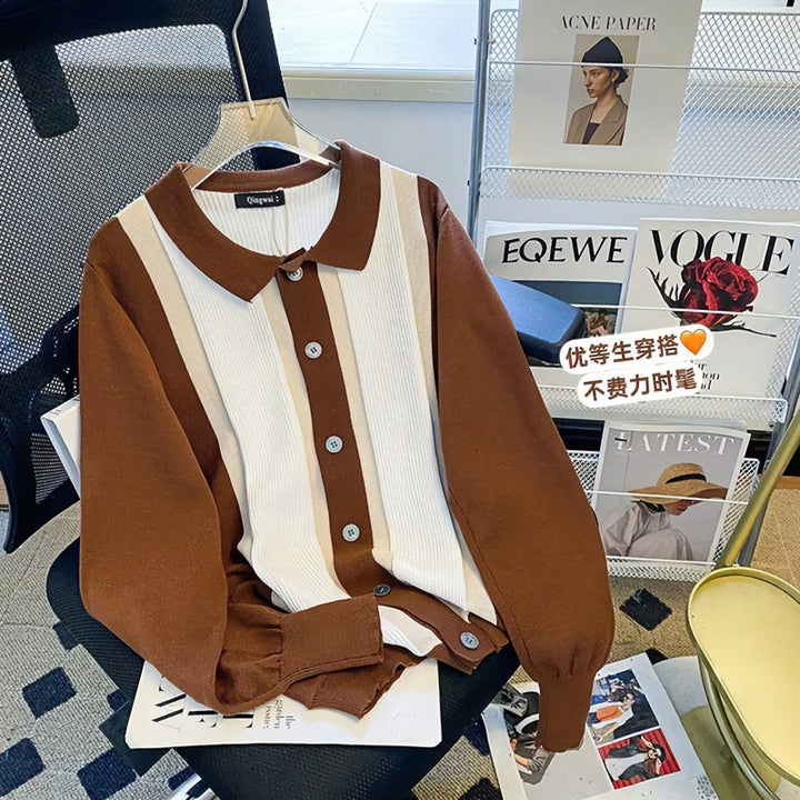 Women's Fine Knit Cardigan with Polo Collar, Contrasting Ribbed Inserts and Continuous Button Placket Mune Fashion