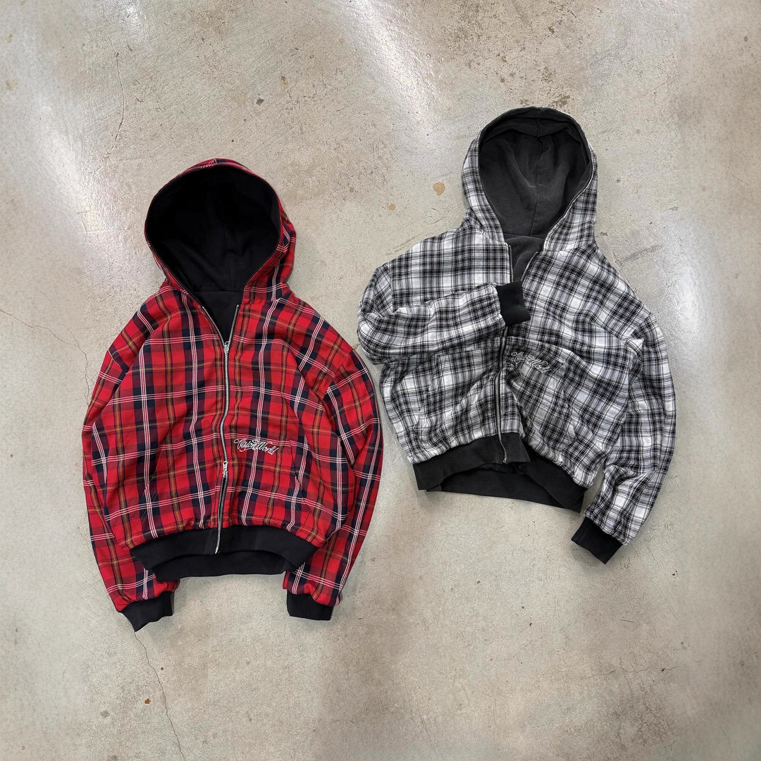 Unisex nan reversible hoodie jacket with checked lining, full zip and kangaroo pocket Mune Fashion