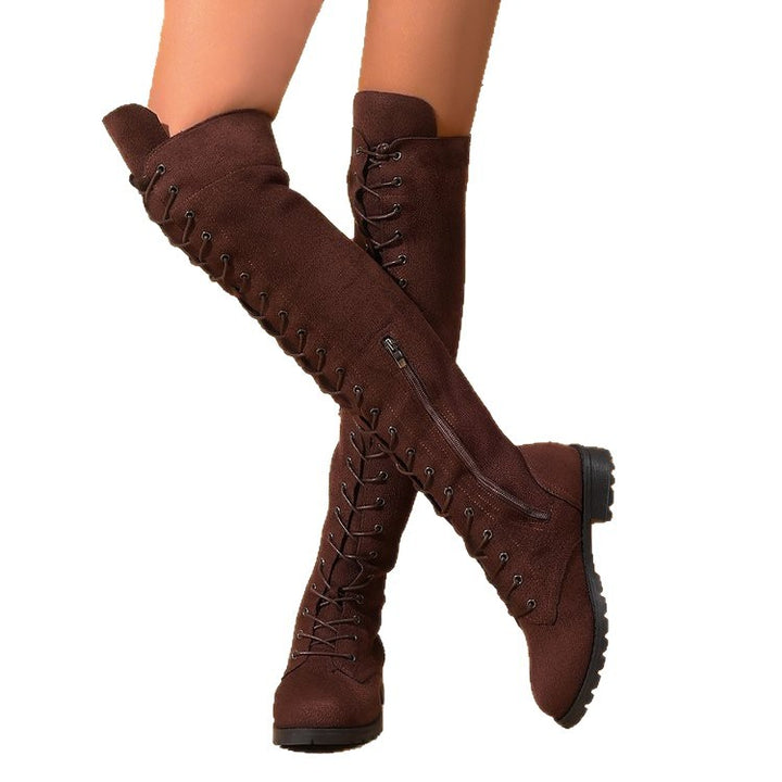 Women's over-the-knee lace-up boots with side zipper, decorative lacing, and textured rubber sole Mune Fashion