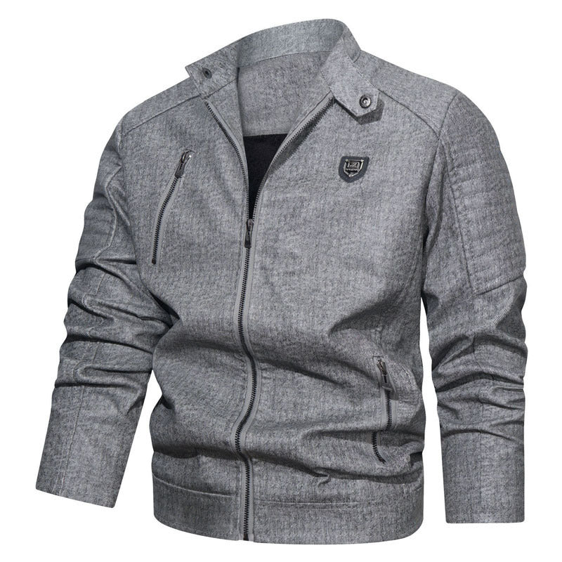 Men's Denim Look Bomber Jacket with Stand-up Collar and Quilted Shoulder Area Mune Fashion