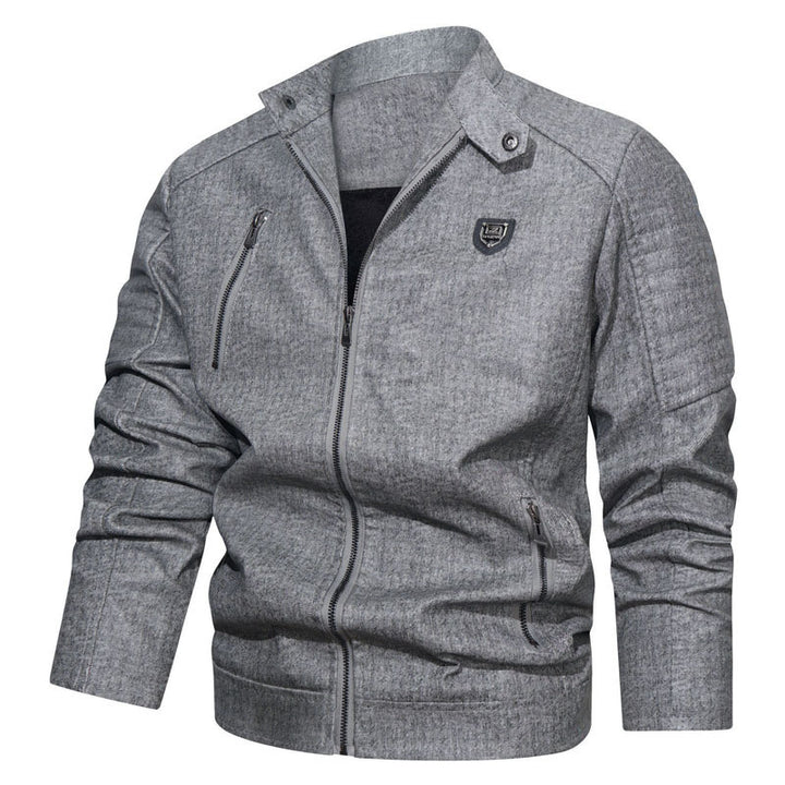 Men's Denim Look Bomber Jacket with Stand-up Collar and Quilted Shoulder Area Mune Fashion