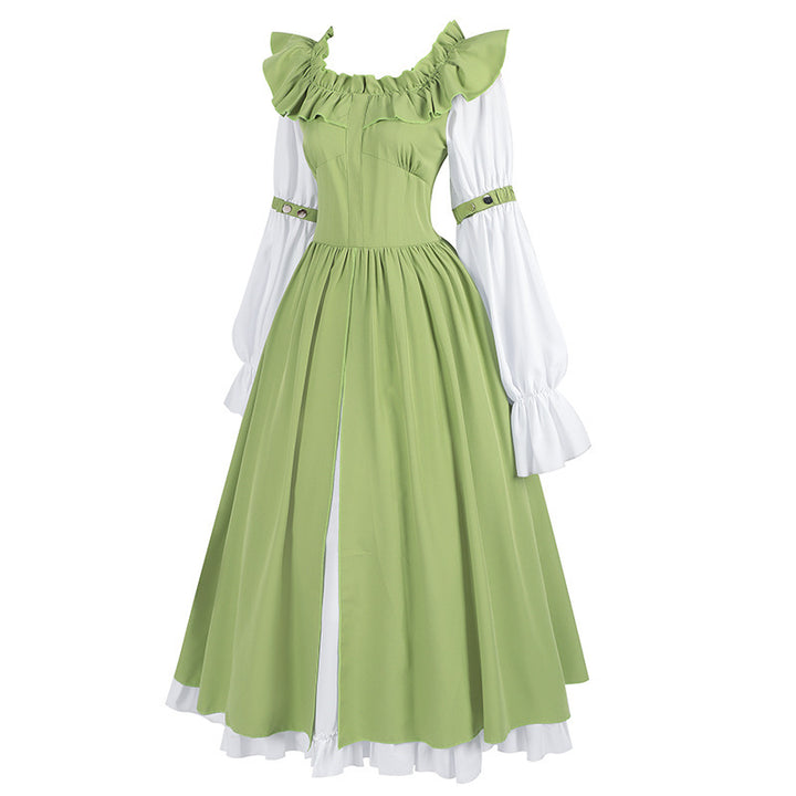 Ladies nan romantic Victorian dress with ruffled collar, tailored corset look, and flared circle skirt Mune Fashion