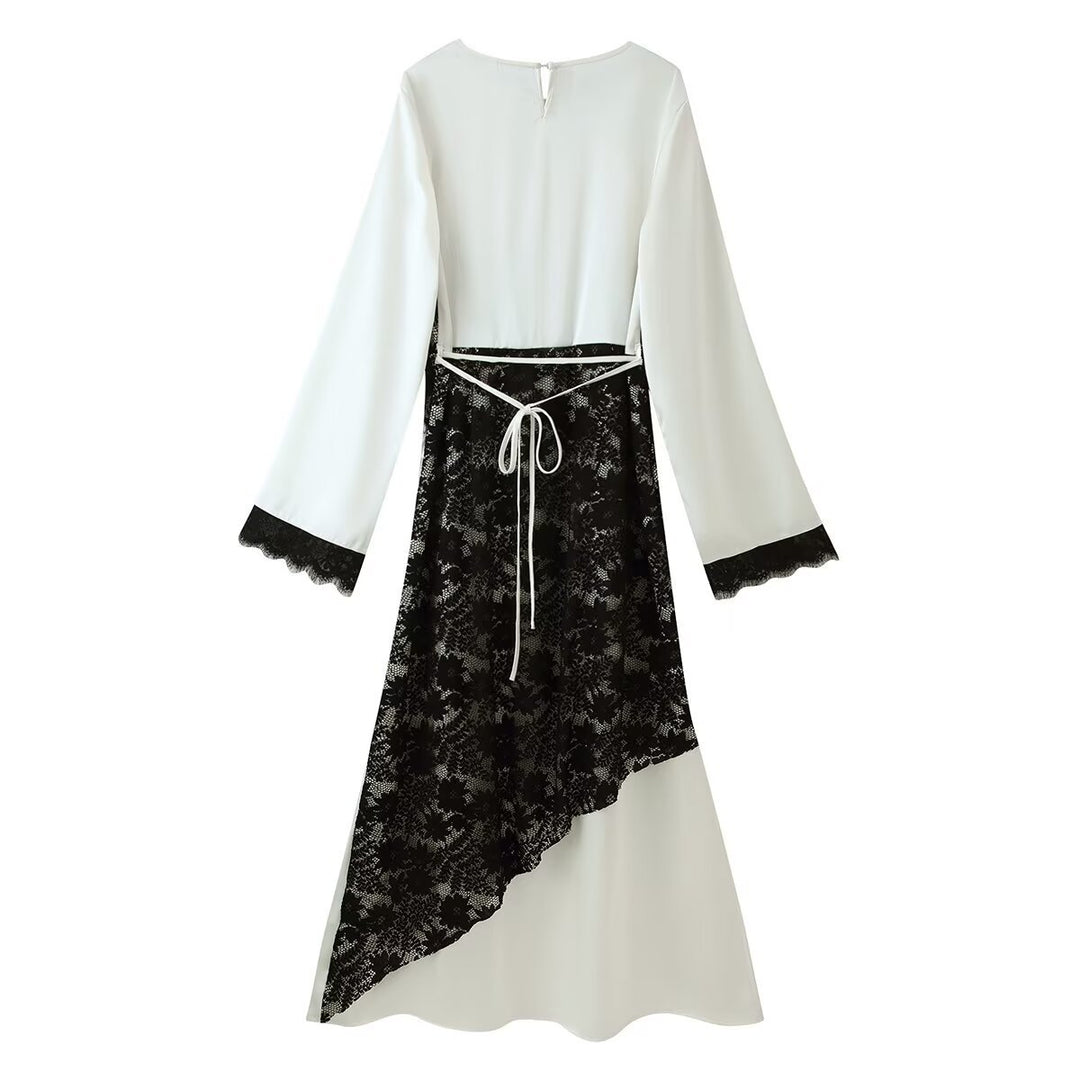 Women Mididress with Asymmetric Lace Trimming and Bell Sleeves Mune Fashion