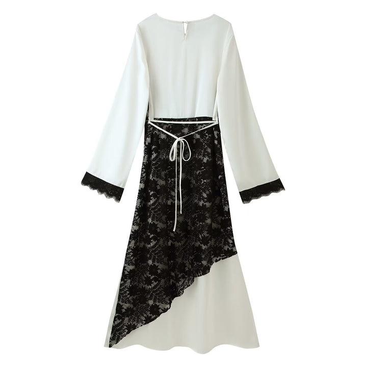 Women Mididress with Asymmetric Lace Trimming and Bell Sleeves Mune Fashion
