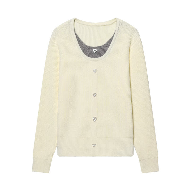 Women's two-layer fine knit cardigan with integrated under top and heart buttons Mune Fashion