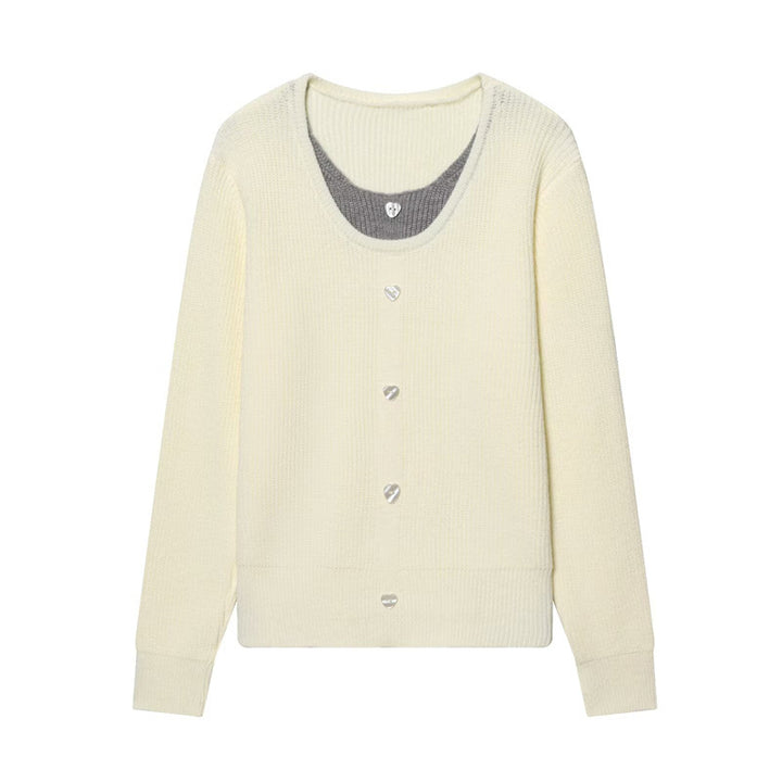 Women's two-layer fine knit cardigan with integrated under top and heart buttons Mune Fashion