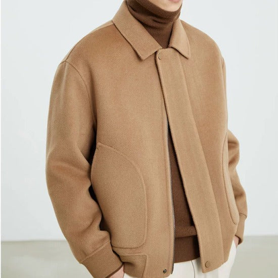 Men's Boxy Wool Blend Zip Jacket with Concealed Button Placket and Round Patch Pockets Mune Fashion