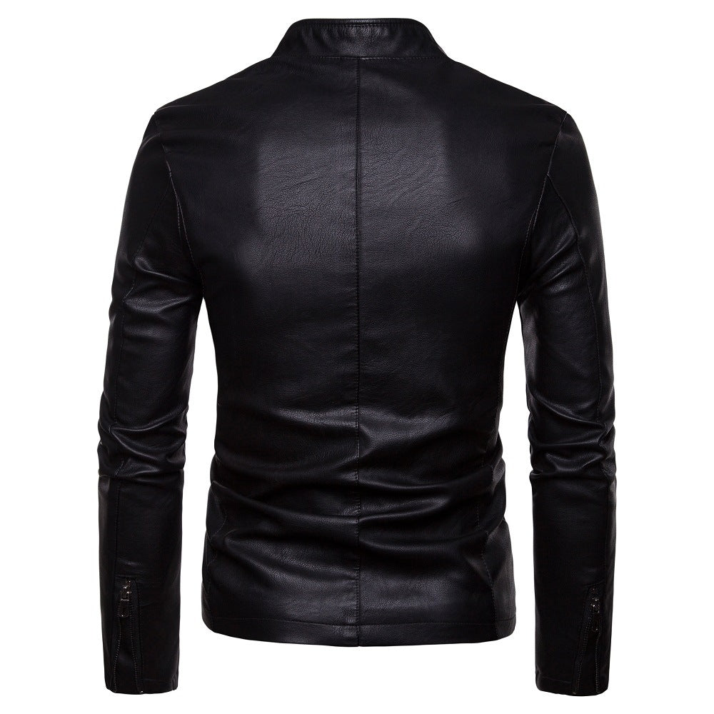 Men's Slim-Fit Faux Leather Jacket in Biker Style with Stand Collar and Front Zipper Mune Fashion