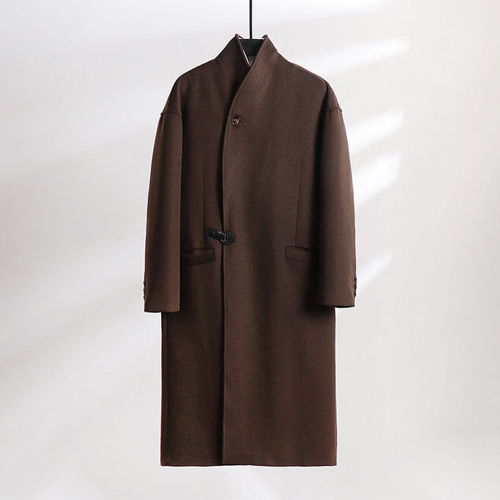 Men's Floor-Length Wool Blend Coat with Wide Shawl Collar and Decorative Toggle Closure Mune Fashion